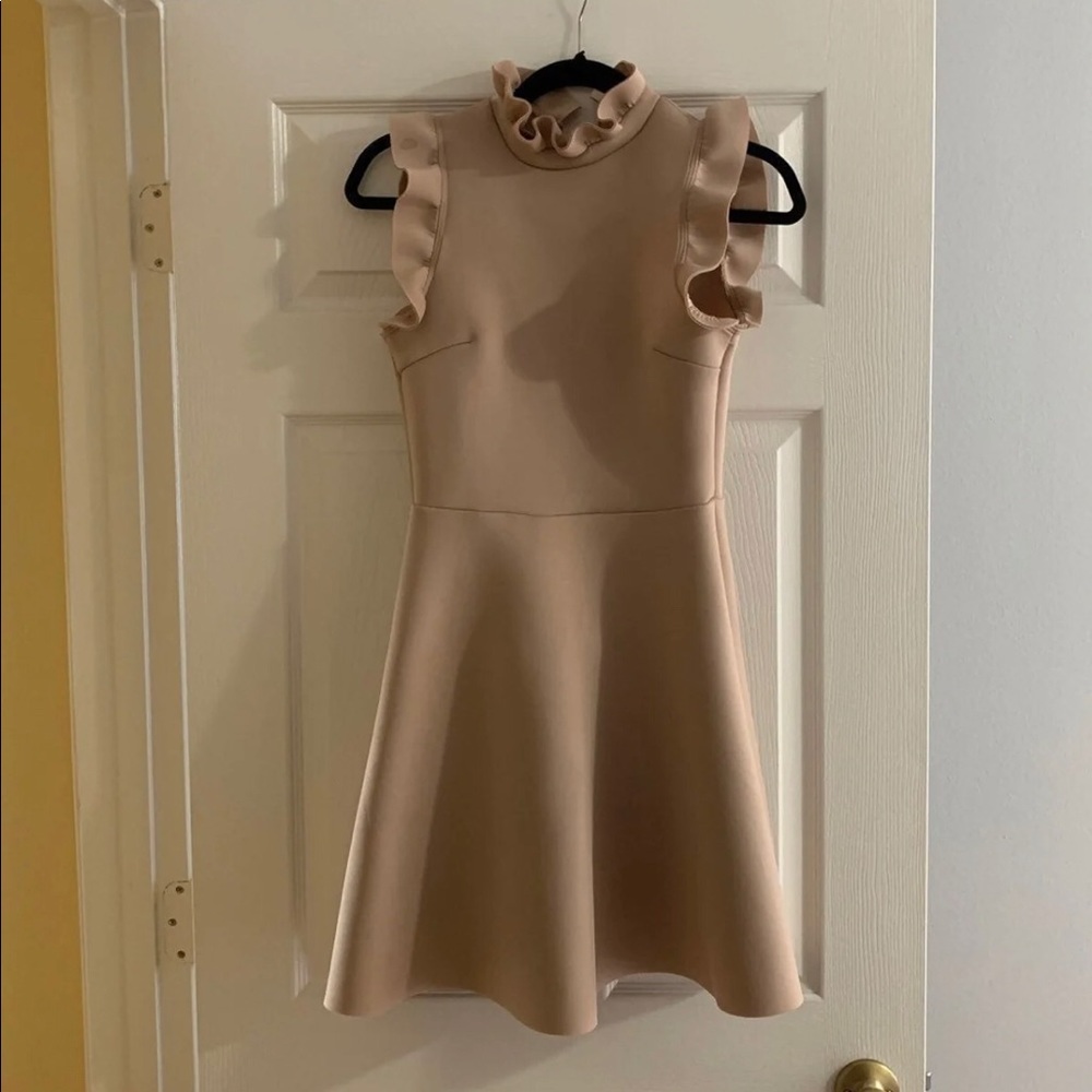 Beige Ruffle Sleeve Fit And Flare Dress